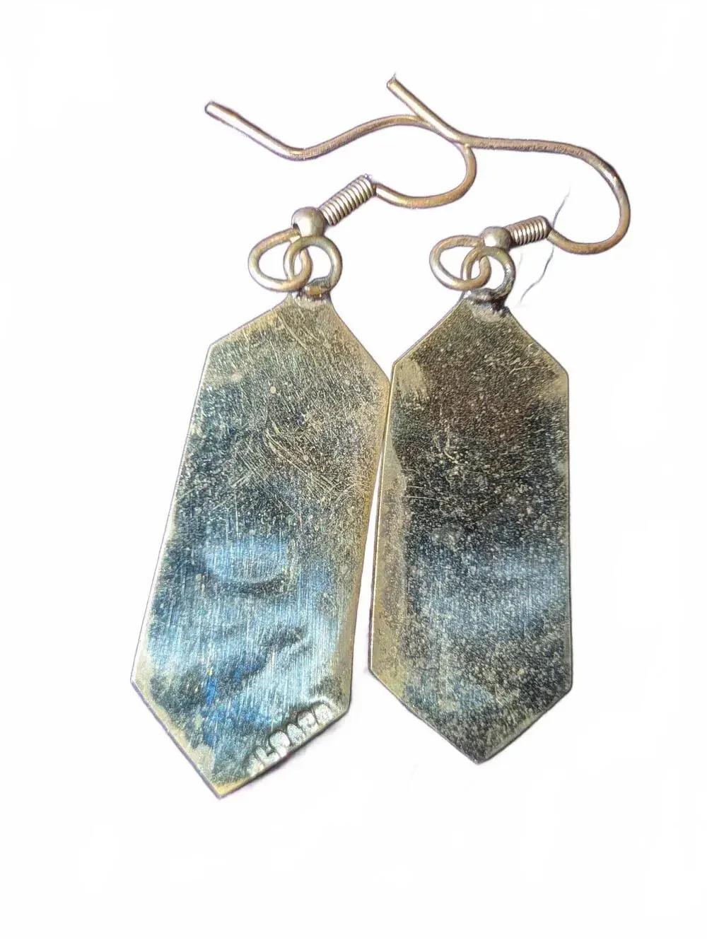 Vintage Alpaca Mexico Geometric Pattern Brass and Turquoise Blue Earrings